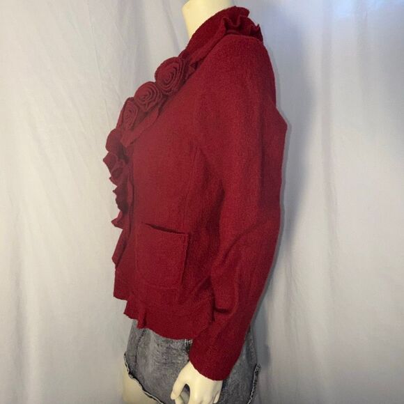 Susan Bristol 100% Wool Red Ruffle Rose Cardigan Jacket L — Textured Boho Cottag - Picture 6 of 12